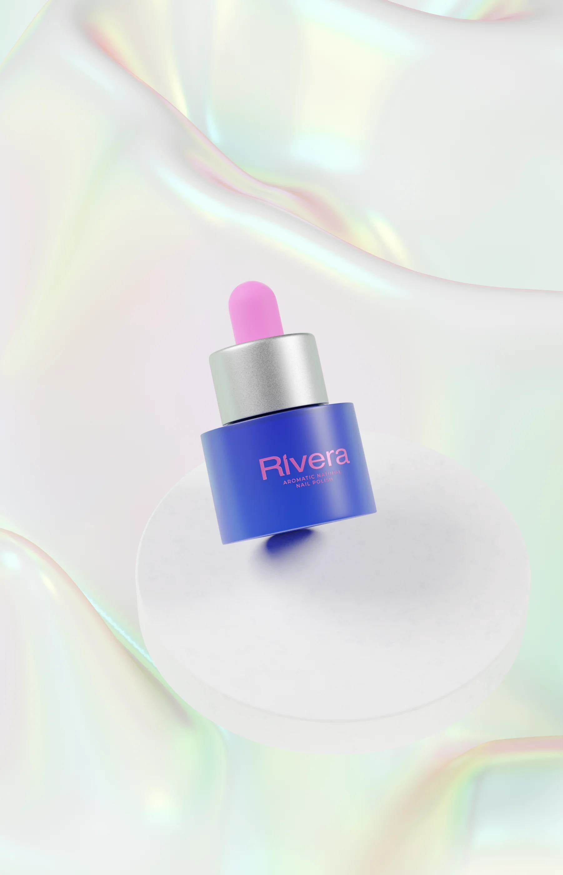 Rivera Blue nail serum on iridescent background