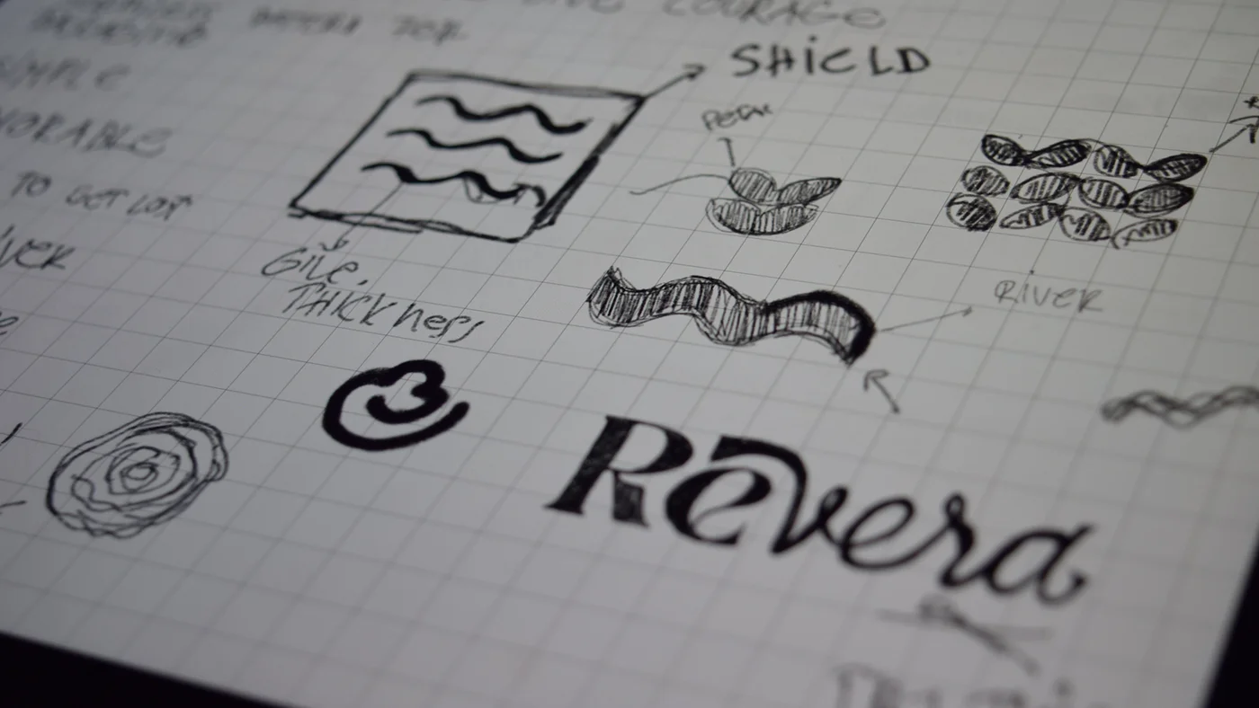 Rivera hand-drawn logo sketches on grid paper