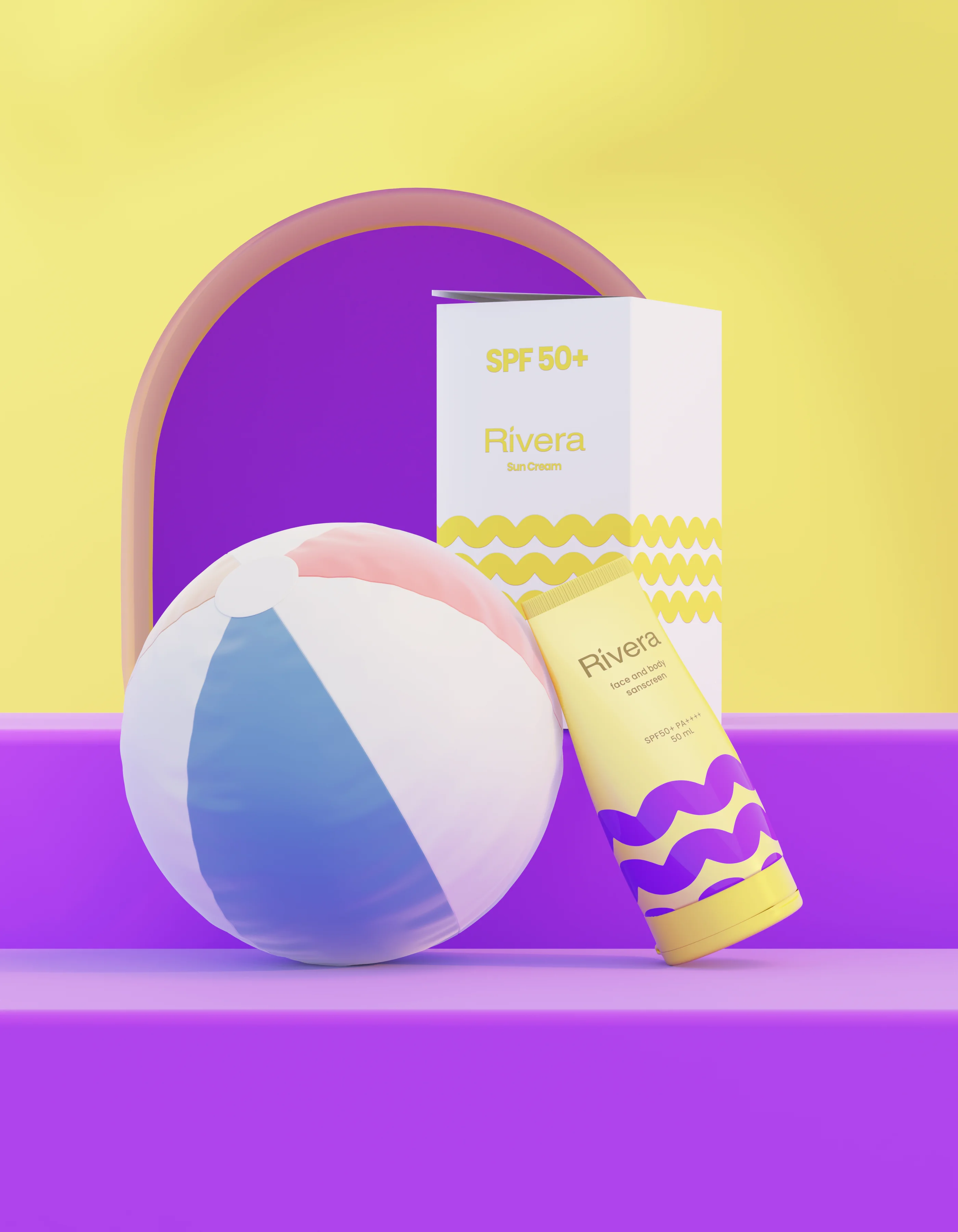 Rivera Yellow sunscreen with packaging and beach ball