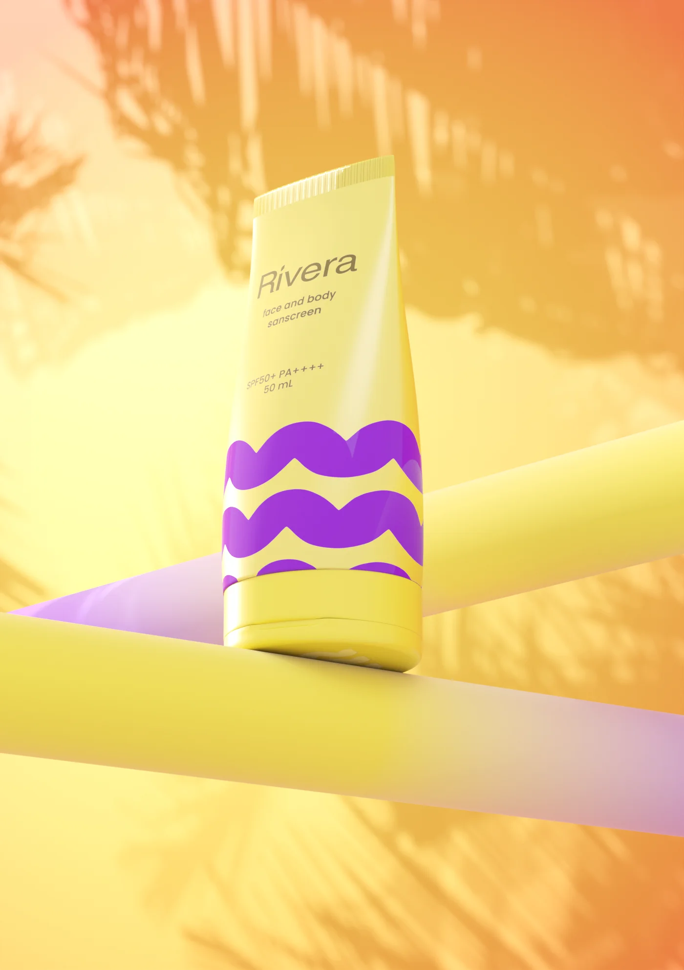 Rivera Yellow sunscreen tube with palm shadows