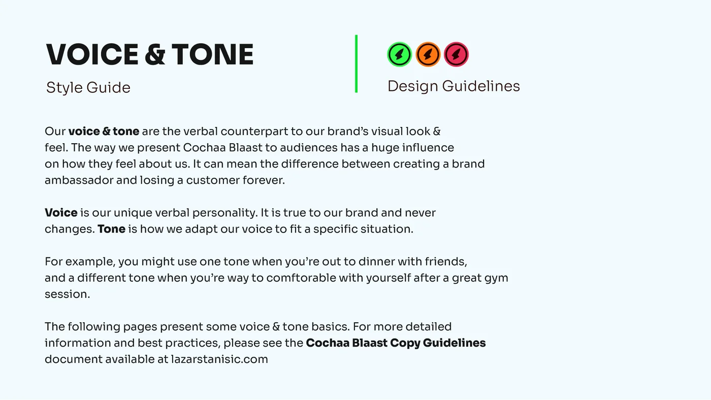 Cochaa Blaast brand book voice and tone style guide