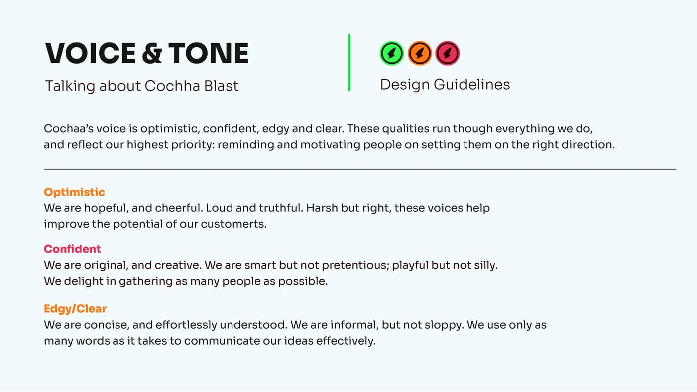 Cochaa Blaast brand book voice traits optimistic confident and edgy