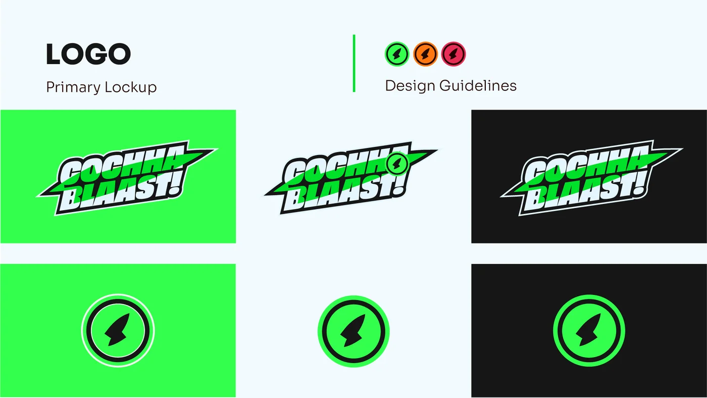 Cochaa Blaast brand book logo lockup on green backgrounds