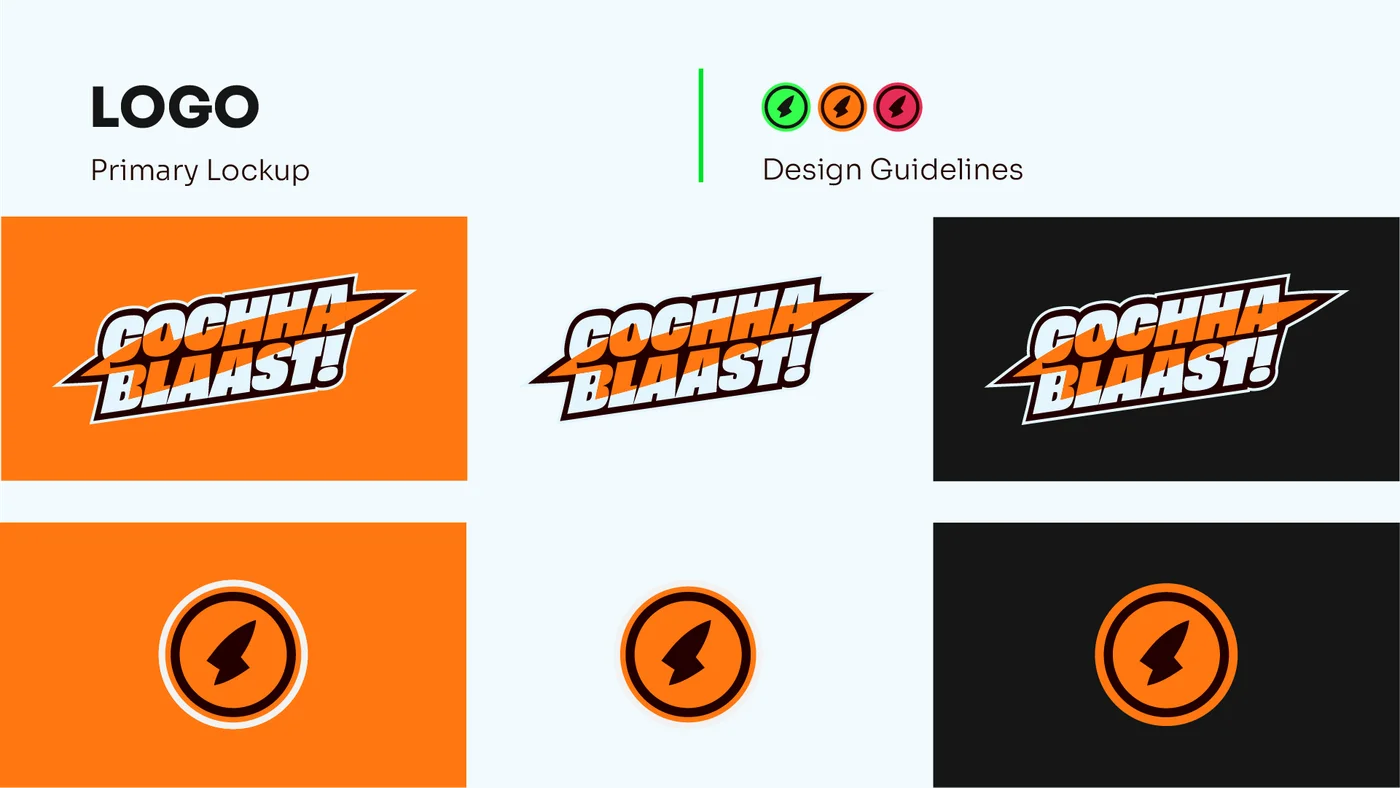Cochaa Blaast brand book logo lockup on orange backgrounds