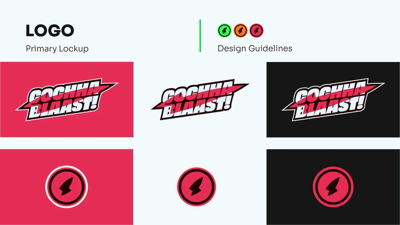 Cochaa Blaast brand book logo lockup on red backgrounds