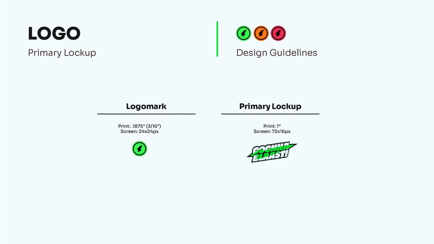 Cochaa Blaast brand book logo minimum sizes for print and screen