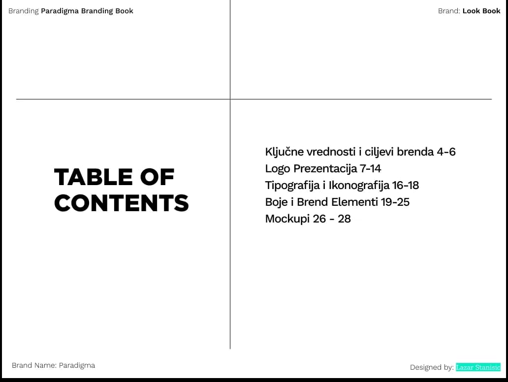 Paradigma brand book table of contents