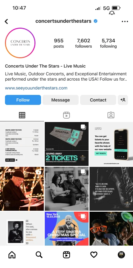 Concerts Under the Stars event brand Instagram profile and grid layout