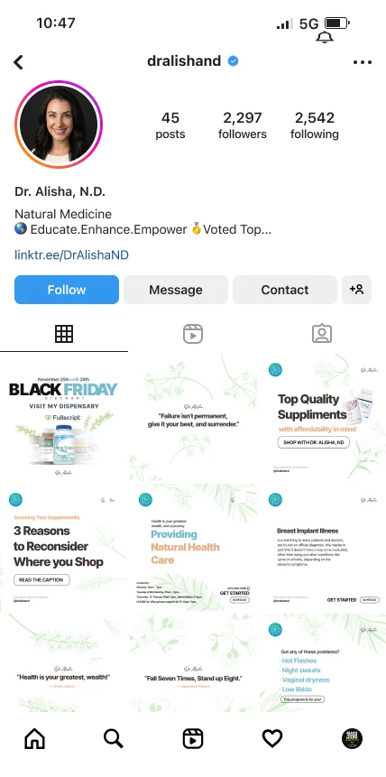 Dr. Ali Shand wellness brand Instagram profile and content grid