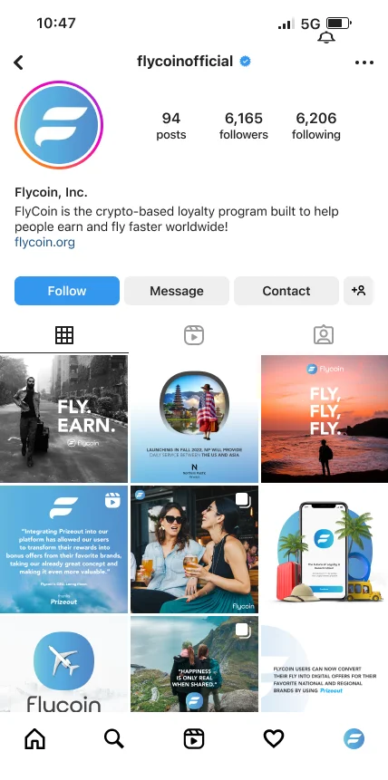 FlyCoin cryptocurrency brand Instagram profile designed for fintech