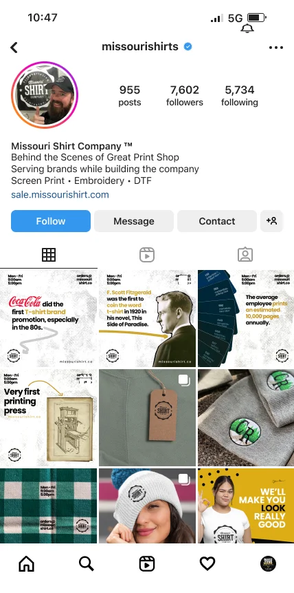 Missouri Shirts apparel brand Instagram profile with product showcase