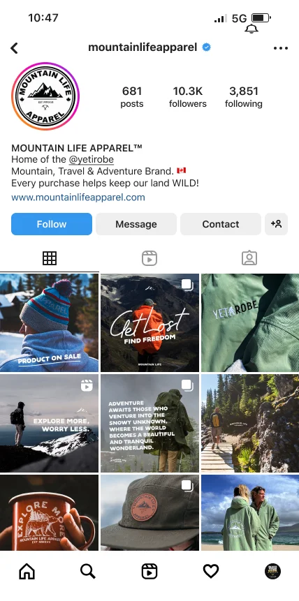 Mountain Life Apparel outdoor clothing brand Instagram profile and feed