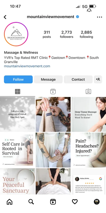 Mountain View Movement fitness brand Instagram profile and content grid