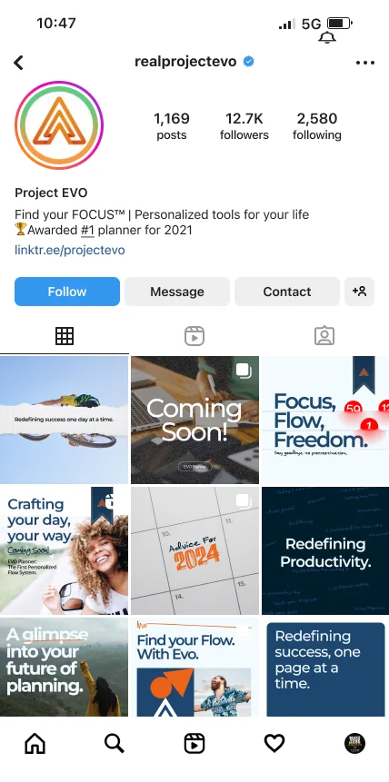 Project EVO personal planning brand Instagram profile with productivity content