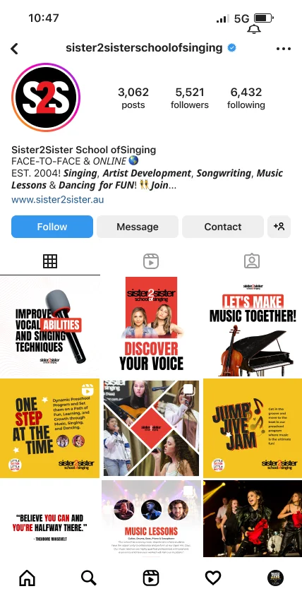 Sister 2 Sister School of Singing music education Instagram profile