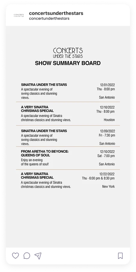 Concert Under the Stars Instagram story for Sinatra Christmas Special event