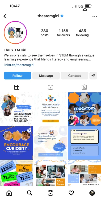 The STEM Girl educational brand Instagram profile promoting STEM for women