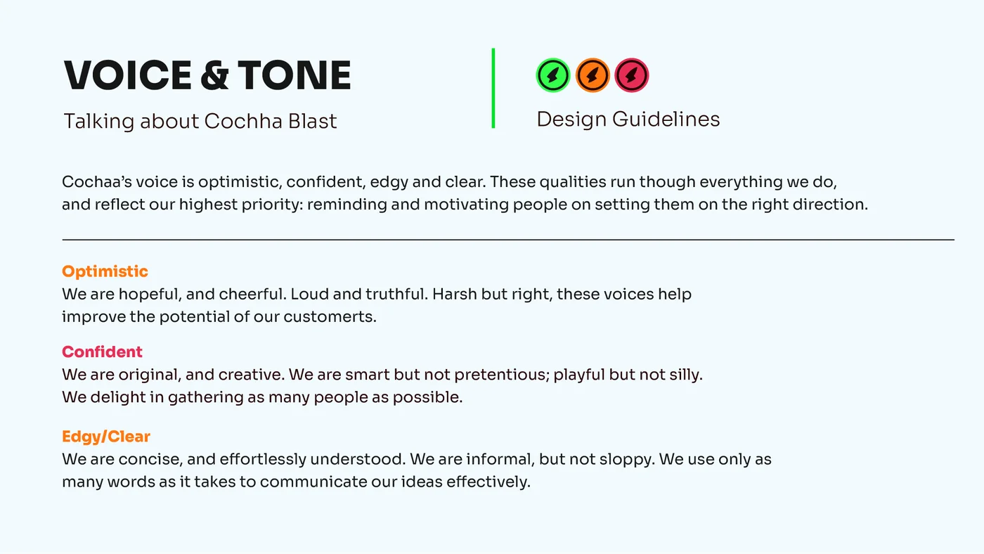 Cochaa Blaast brand book voice traits optimistic confident and edgy
