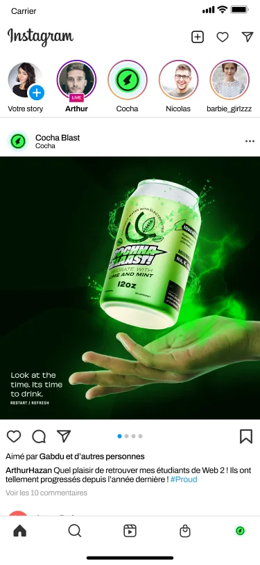 Cochaa Blaast lime and mint can held in the hand, Instagram feed ad