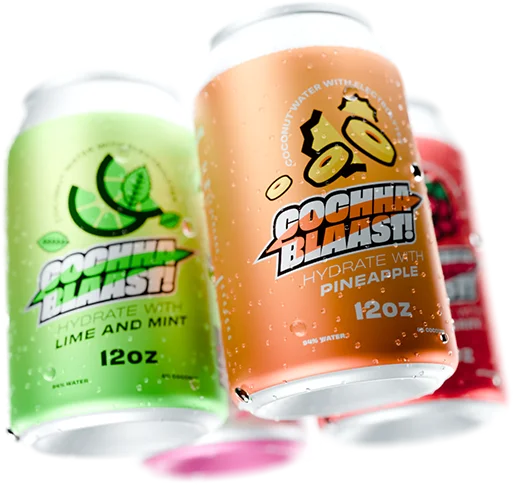 Cochaa Blaast cans in lime and mint, pineapple and raspberry