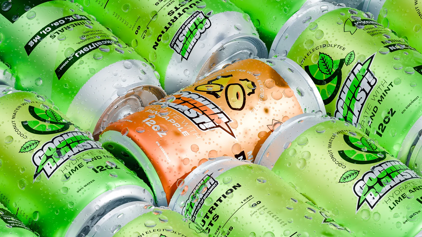 Cochaa Blaast lime and mint cans packed together with a single pineapple can