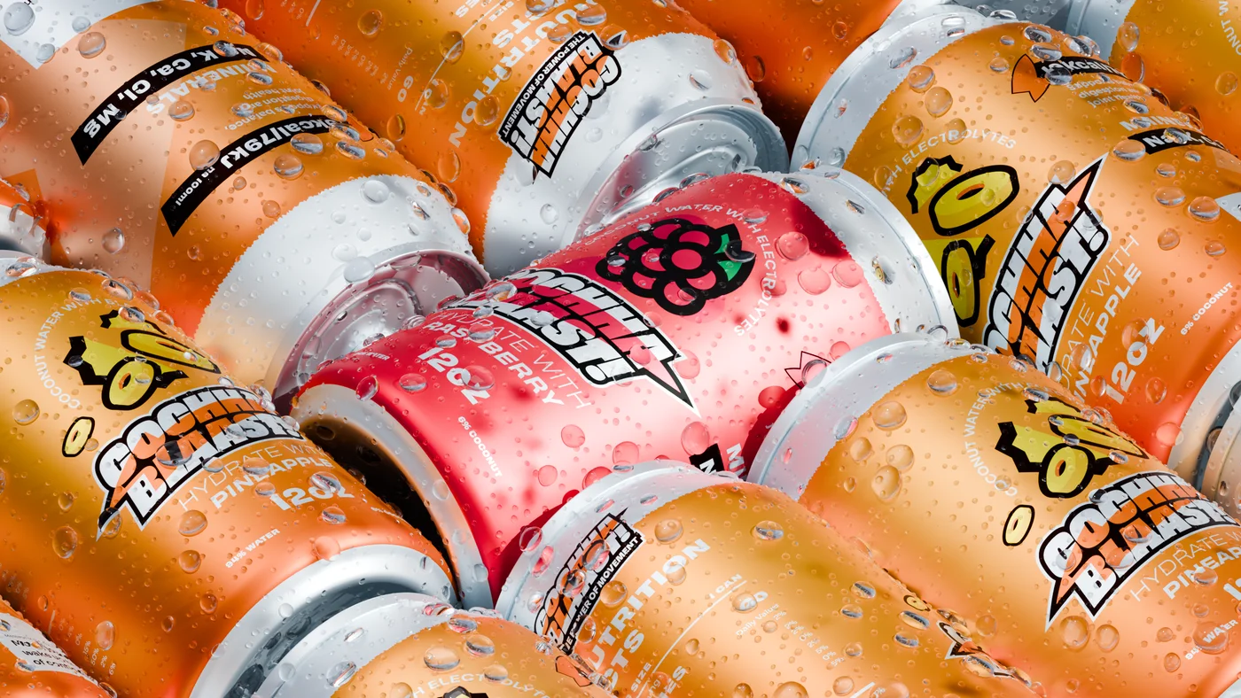 Cochaa Blaast pineapple cans packed together with a single raspberry can
