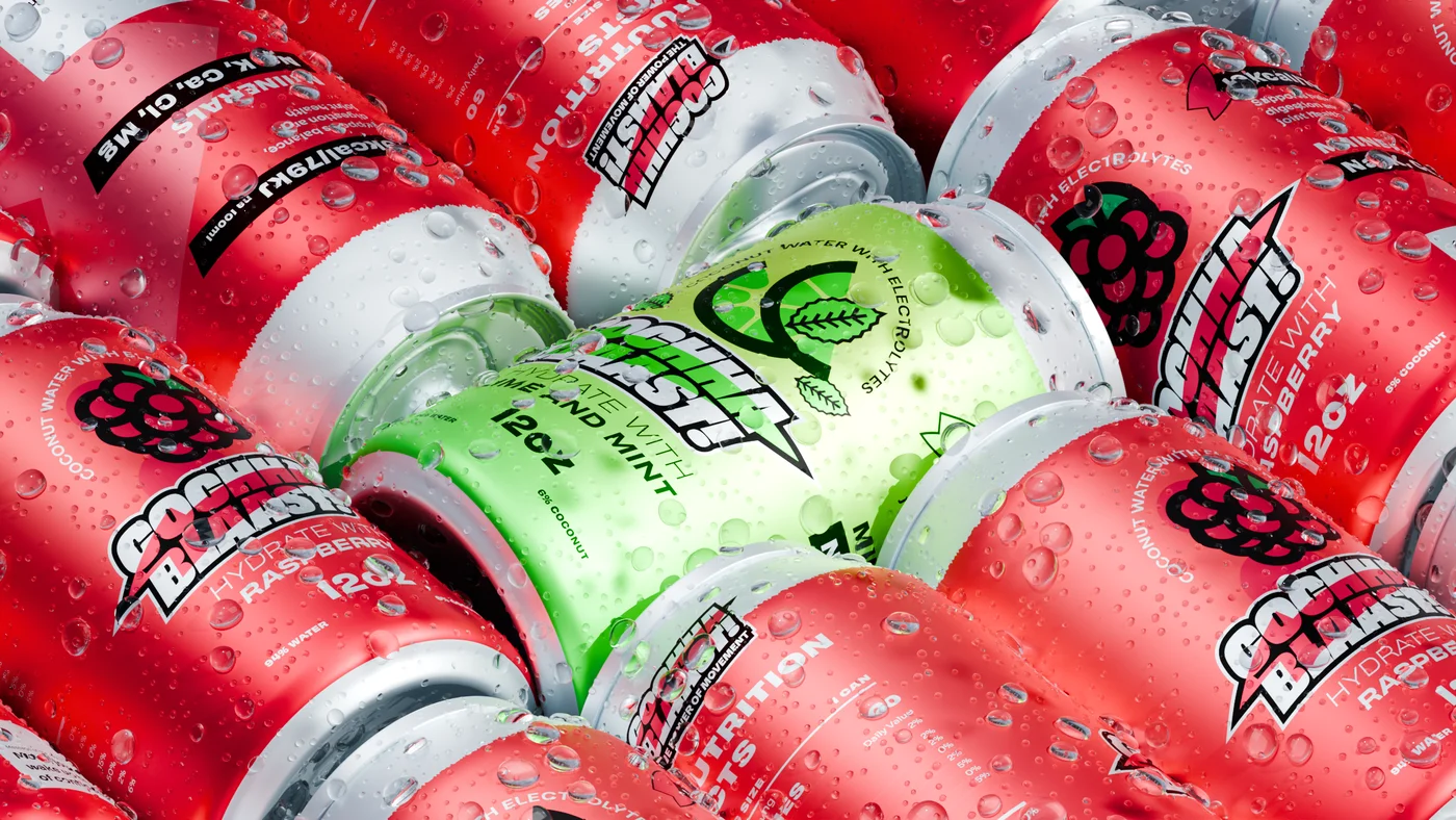 Cochaa Blaast raspberry cans packed together with a single lime and mint can