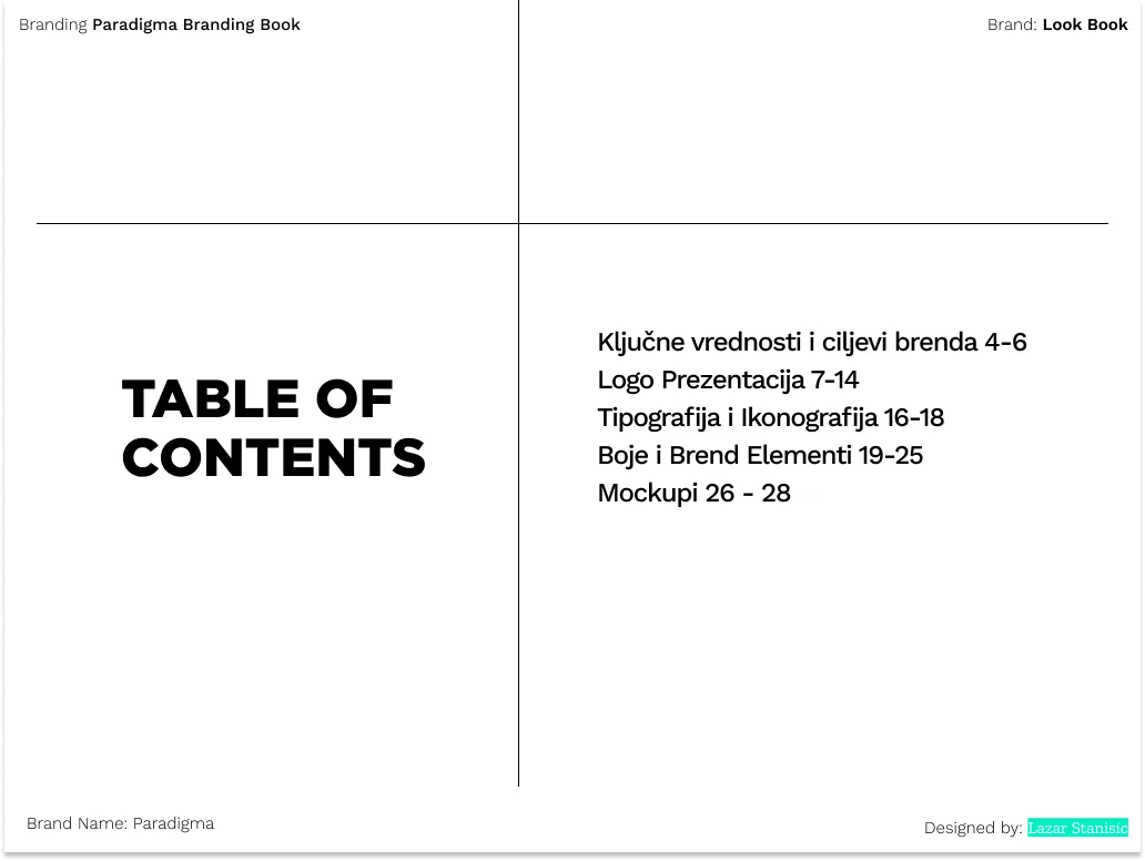 Paradigma brand book table of contents
