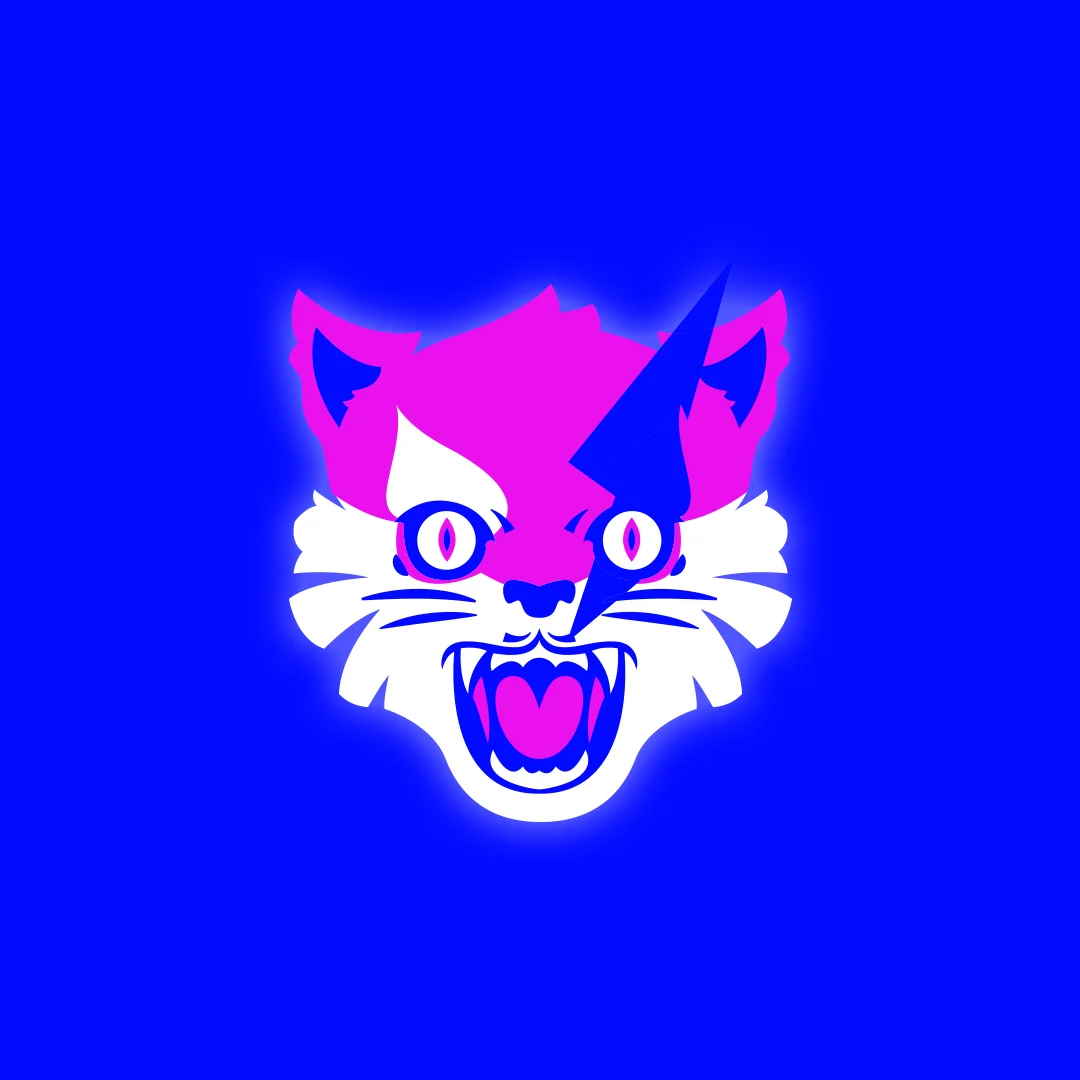 Neon cat mascot logo on electric blue