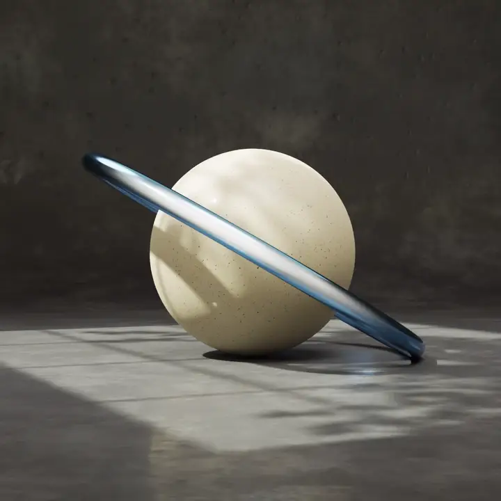 Sphere and chrome ring 3D composition in a concrete room