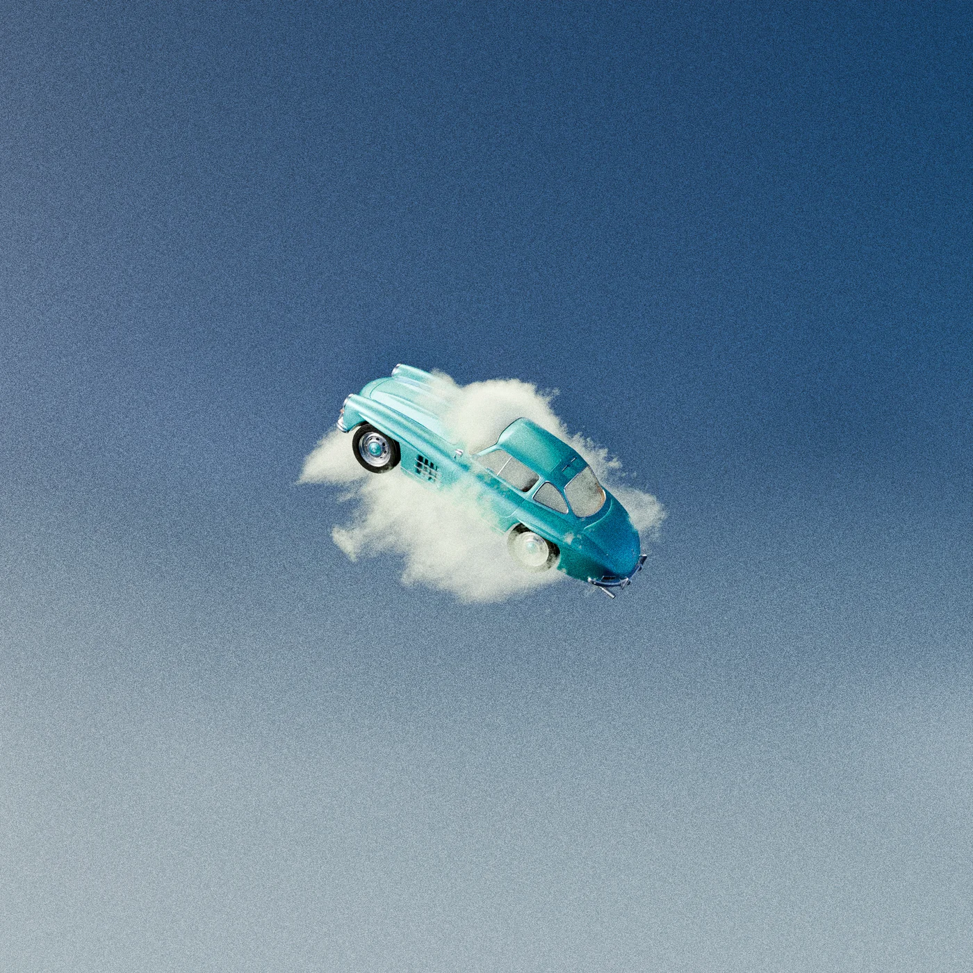 Vintage car floating on a cloud 3D render